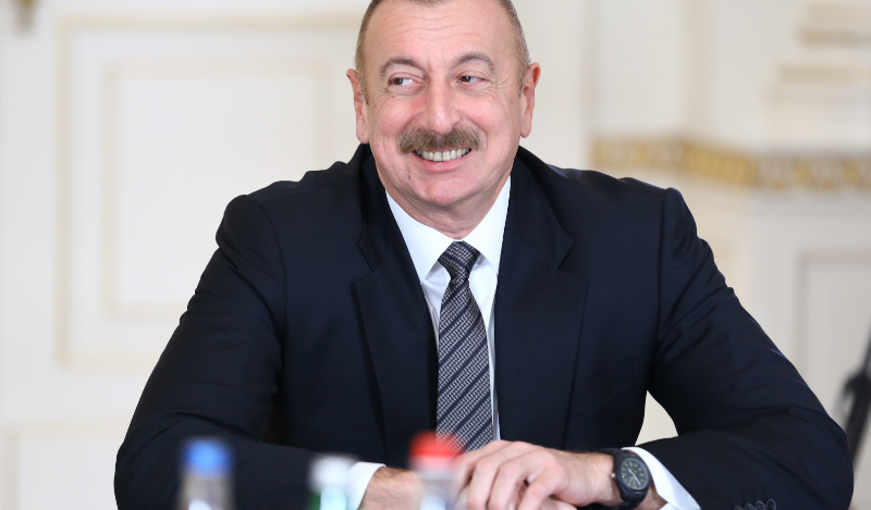 Azerbaijan’s President Ilham Aliyev reacts during a meeting with Russia's minister of foreign affairs Lavrov. Russian Ministry of Foreign Affairs Press Office/TASS