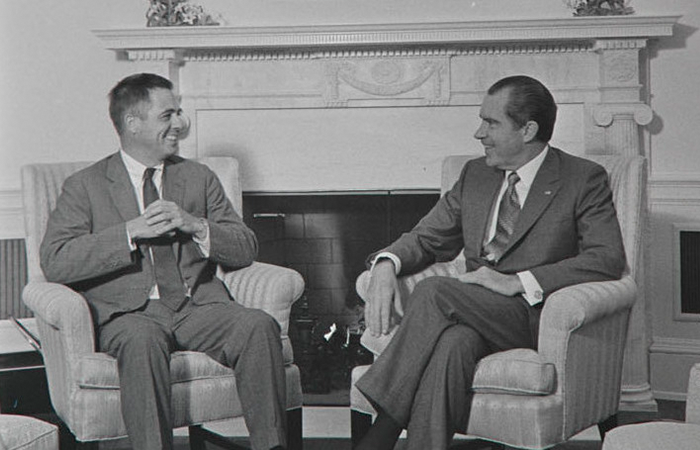 President Nixon seated informally in the Oval Office during a meeting with SenatorElect James Buckley. 11/16/1970, Washington, D.C., White House, Oval Office. President Nixon, James Buckley Related Materials: Master Print File ● Frame(s): WHPO-5072-02-08