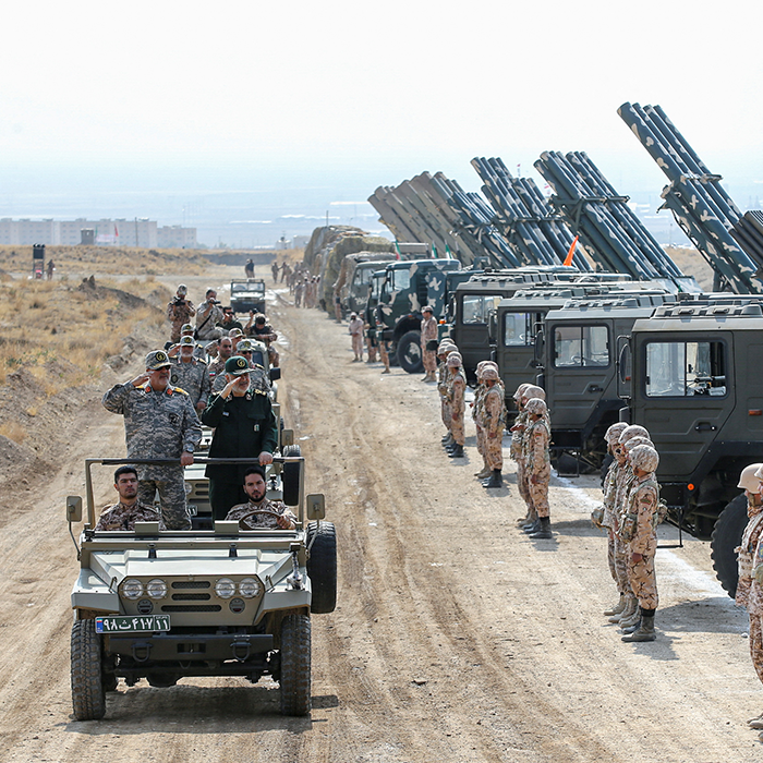 Islamic Revolutionary Guard Corps (IRGC) Commander-in-Chief Major General Hossein Salami reviews military equipment during an IRGC ground forces military drill in the Aras area, East Azerbaijan province, Iran, October 17, 2022.