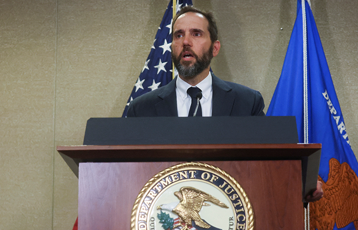 Jack Smith makes a statement to reporters about the 37 federal charges returned by a grand jury in an indictment of former U.S. President Donald Trump on charges of unauthorized retention of classified documents and conspiracy to obstruct justice, as Smith speaks at his offices in Washington, U.S. June 9, 2023. REUTERS