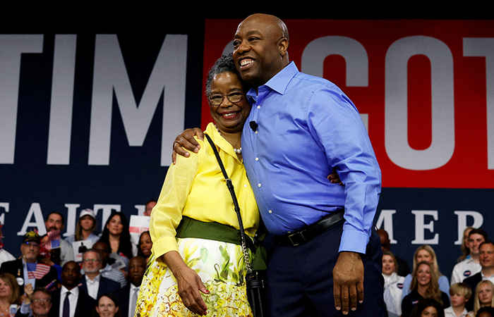 Tim Scott (R-SC) hugs his mother Frances as he announces his candidacy for the 2024 Republican presidential race in North Charleston, South Carolina, U.S. May 22, 2023. REUTERS
