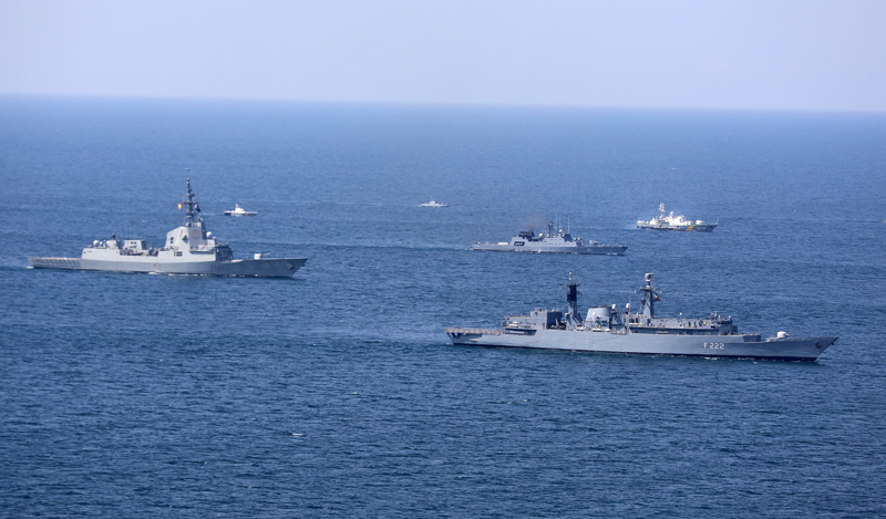 hips sail in formation during the multinational maritime exercise Sea Breeze 2020, co-hosted by Ukraine and the United States, in the Black Sea July 25, 2020. Ukrainian Defence Ministry/Handout via REUTERS